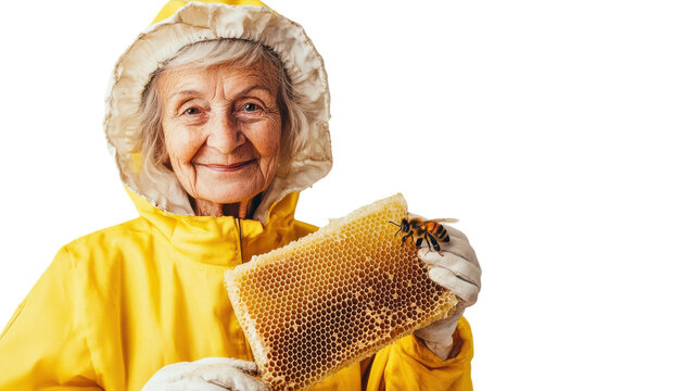 An Old Woman in a Beekeeper's Suit Holding a Honeycomb for Educational and Informative Purposes.