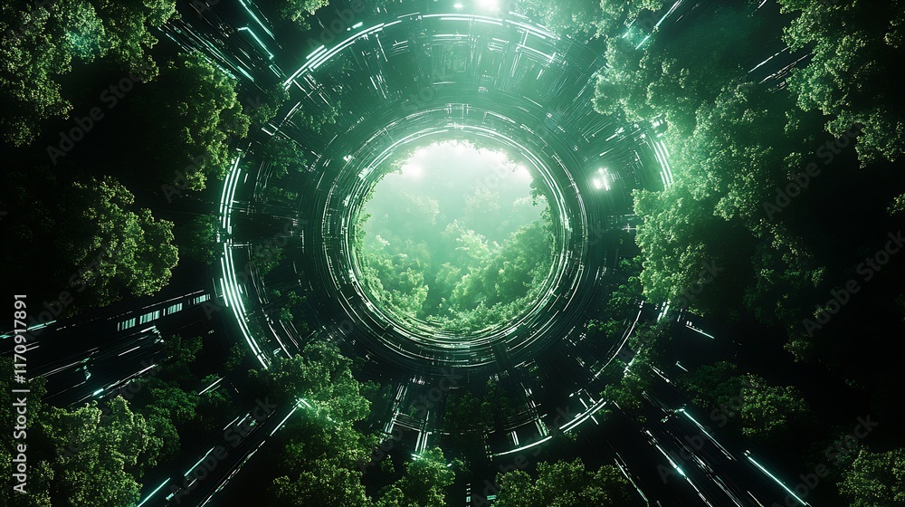 Aufkleber Futuristic forest view inside digital circular portal with trees and green light : Generative AI