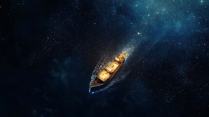 A ship is floating in space with stars in the background