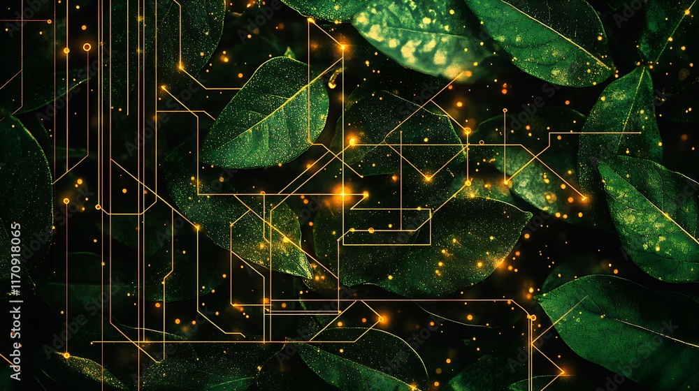 Aufkleber green leaves and digital circuit integrating nature and technology harmony : generative ai