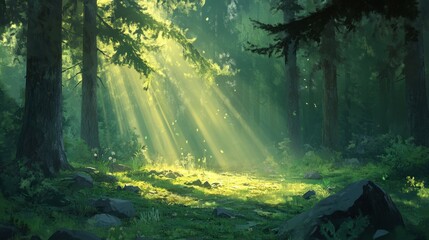Sunlight Streaming Through Trees in Lush Green Forest Scene