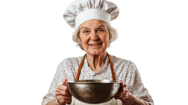 An elderly woman wearing a chef's hat and apron happily holding a delicious dish, perfect for culinary articles and cooking tutorials aimed at showcasing homemade recipes..