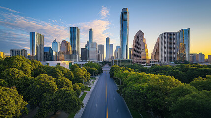 Fototapeta premium Urban architecture rises above a tree lined path, offering a balance of city and nature.