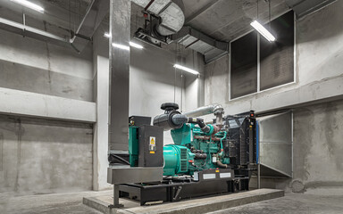 Electricity generation room with Engine generator set powered by Diesel power. Generator emergency...