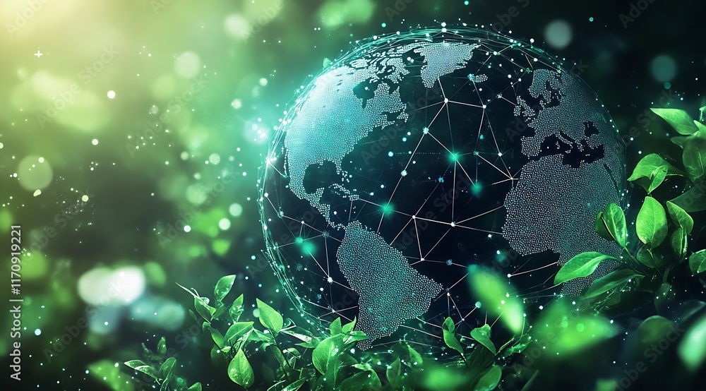 Poster Earth Surrounded by Green Foliage and Digital Connections Representing Global Network and Nature : Generative AI