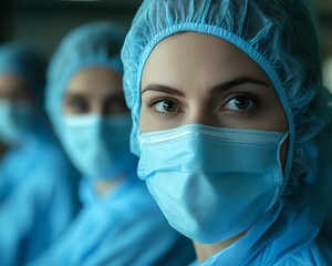 Medical workers in blue protective suits and masks, seated at a factory production line, intense focus, highly detailed, ultrarealistic, HD quality
