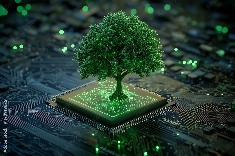 Aufkleber Tree growing out of computer microchip representing tech and nature integration : Generative AI