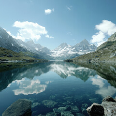 Serene mountain lake reflecting snow-capped peaks under a clear sky.