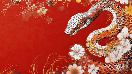 Obraz premium Serpentine Bloom: A majestic snake, adorned in vibrant scales, elegantly winds through a field of delicate blossoms against a rich red backdrop.