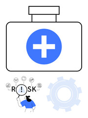 First aid kit with cross, magnifying glass inspecting Risk, and gearwheel overlay. Ideal for healthcare, safety, business planning, problem-solving, decision-making, analysis abstract line flat