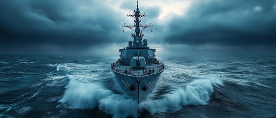 Modern Navy destroyer patrolling the rough seas, military defense and security, powerful vessel navigating stormy waters, cinematic lighting, highdetail, 8K quality
