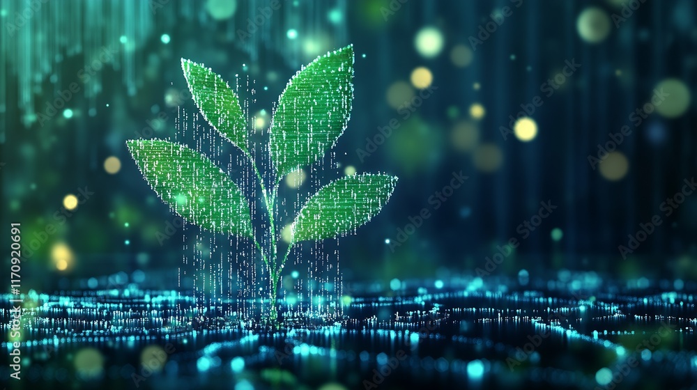 Poster Futuristic Digital Green Plant Concept with Binary Code and Glowing Lights Graphic Design : Generative AI