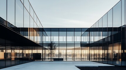 Modern Glass Architecture Reflecting Tranquil Urban Skyline at Sunset : Generative AI