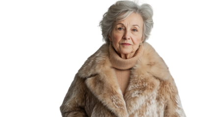 An Elegant Old Woman in a Stylish Fur Coat Perfect for Fashion Editorials, Lifestyle Blogs, and Vintage-Themed Projects.