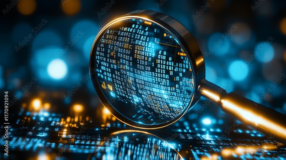 Poster Closeup of Data Through Magnifying Glass Symbolizing Digital Analysis and Information : Generative AI