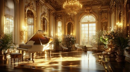 Fototapeta premium Golden Grand Piano in a Luxurious Palace Hall