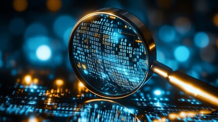 Closeup of Data Through Magnifying Glass Symbolizing Digital Analysis and Information : Generative AI