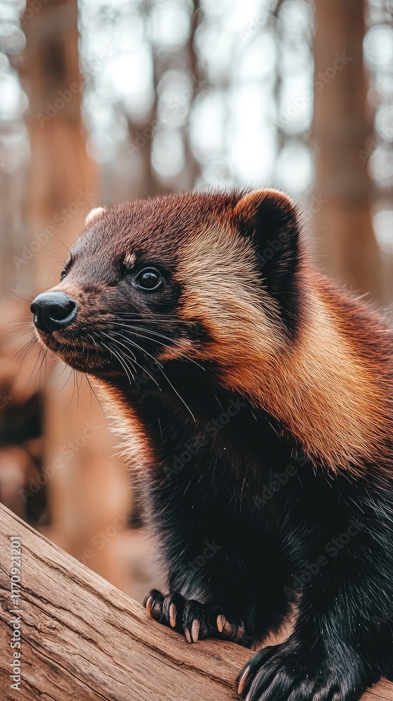 Aufkleber a close-up of a wolverine showcasing its distinctive fur and features in a natural setting.