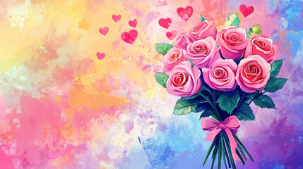 Obraz premium Pink Roses with Hearts: A delicate bouquet of pink roses adorned with floating hearts, set against a vibrant watercolor backdrop. A perfect illustration of love, romance, and appreciation. 