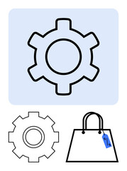 Gear icon signifies system optimization, paired with a shopping bag with a discount tag highlighting sales. Ideal for business, e-commerce, retail, strategy, promotion, marketing, consumer