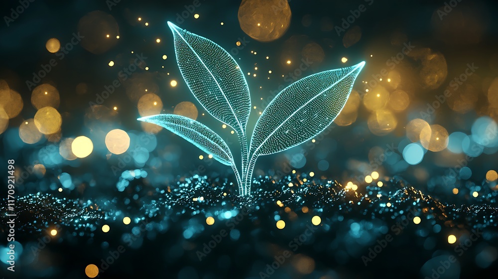 Poster futuristic digital representation of plant leaves with glowing effect on abstract background : gener
