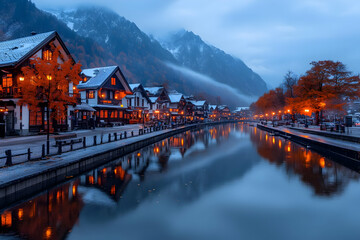 Fototapeta premium Autumnal Village by Canal, Realistic Image