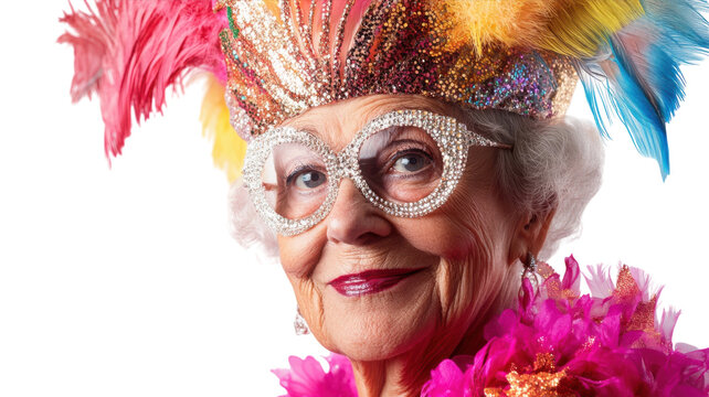 An Elegant Old Woman Embracing Vibrant Showgirl Costumes in a Celebration of Aging and Glamour for Theatrical Representations.
