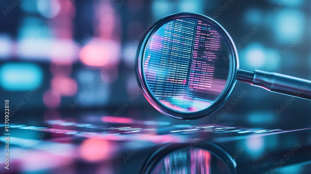 Poster Magnifying glass highlighting digital code in a futuristic data analytics concept : Generative AI