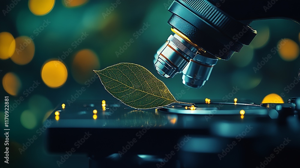 Poster Scientific Exploration of Nature Through a Microscope on a Leaf with Circuitry Background : Generative AI