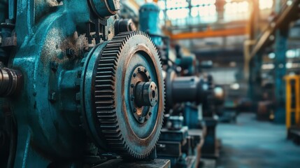 Obraz premium A vintage mechanical engine with large cogs, pistons, and metal components, creating a powerful and nostalgic atmosphere in an industrial environment.