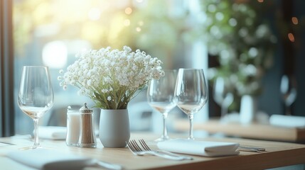 Elegant Restaurant Table Setting with White Flowers