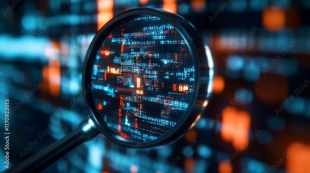 Poster Cybersecurity Data Analysis with Magnifying Glass Visualizing Digital Code and Binary Patterns : Generative AI