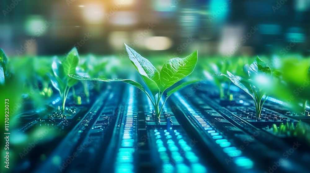 Aufkleber futuristic green plant growing on a digital circuit board representing technology and environment : 