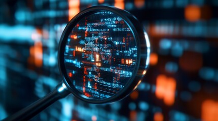 Cybersecurity Data Analysis with Magnifying Glass Visualizing Digital Code and Binary Patterns : Generative AI