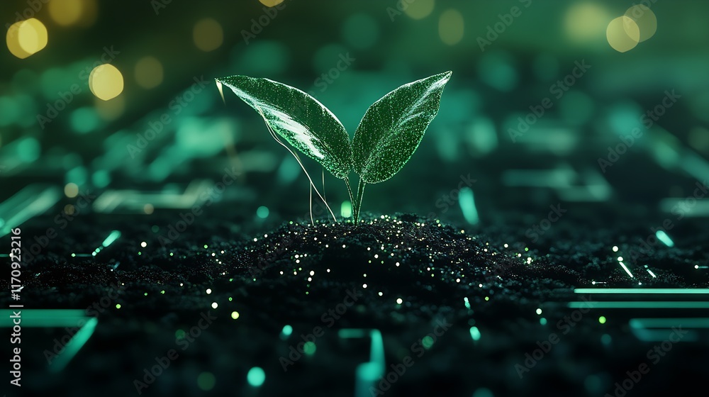Poster Futuristic Technology Integration with Nature and Digital Plant Growth : Generative AI