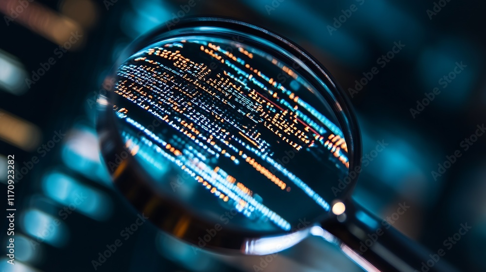 Poster Close-up of magnifying glass revealing binary code and digital data analysis on blue background : Generative AI