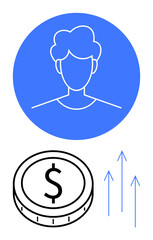 Human profile in blue circle, dollar coin, and rising arrows symbolize financial growth, personal success, and professional progress. Ideal for finance, career, motivation, investment