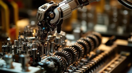 A robotic arm assembling a motor, with rotating cogs, wheels, and pistons, demonstrating the future of industrial automation.
