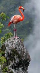 Fototapeta premium A vibrant flamingo perched on a rocky outcrop amidst a misty, lush green background.