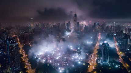 Night City Aerial View: Fireworks and Fog