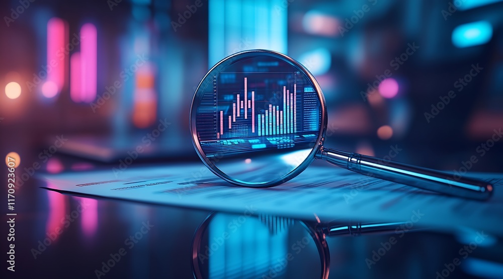 Poster magnifying glass on financial graph with neon lights in modern office environment : generative ai