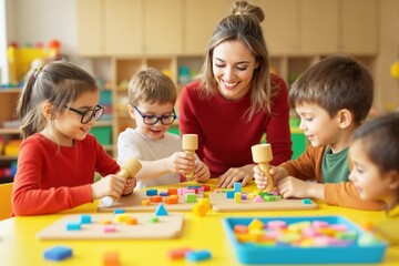 Fototapeta premium Group of children and a female teacher engaging with colorful educational toys in a classroom, warm lighting, concept of learning and creativity. Ai generative.