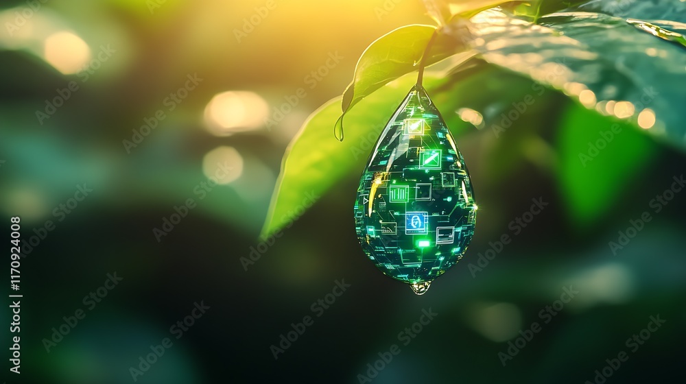 Poster Digital Technology and Nature Fusion in a Glowing Circuitry Dew Drop on Leaf : Generative AI