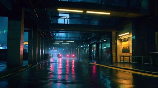 An empty subway exit opening onto a wet urban street, with a massive neon-lit skyscraper visible in the distance, blending mystery with scale, 4k High-Quality background animation video