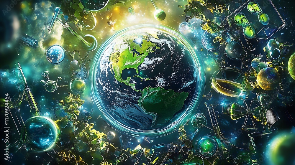 Aufkleber beautiful earth surrounded by cosmic elements and glowing greenery in a sci fi galaxy : generative a