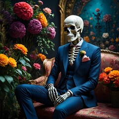 Skull in a Suit Posing Elegantly with Floral Background