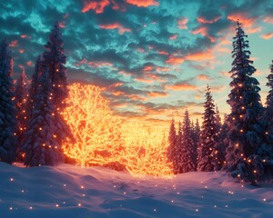 A stunning 3D render showcasing a serene snow-covered forest at dawn, with soft light illuminating frosted trees and untouched snow.