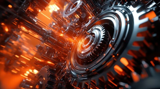 A dynamic industrial scene with rotating wheels, gears, and pistons working together to generate a powerful flow of energy and movement.