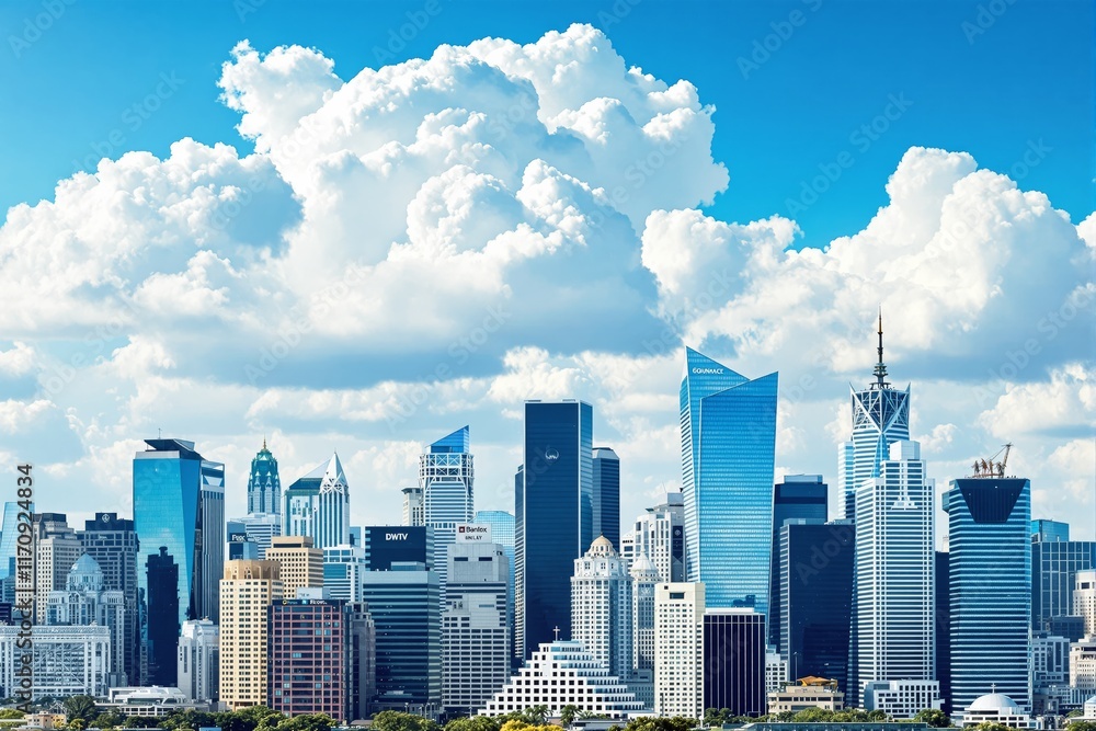 Poster a vibrant urban skyline featuring modern skyscrapers against a backdrop of bright blue sky and fluff