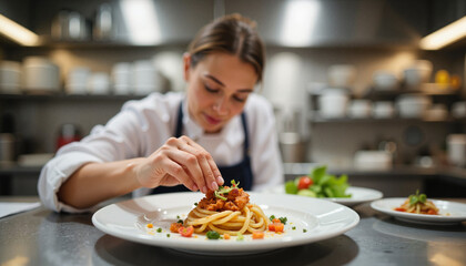 Female chef garnishing a dish in a restaurant kitchen, culinary artistry